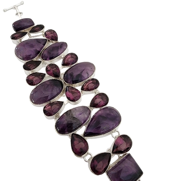 Silver amethyst gemstone bracelet chunky statement bracelet plus glass stones - Picture 4 of 15